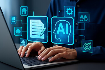 AI agent analyzing data and generating reports. Artificial intelligence and intelligent automation IA technology. Businessman using laptop computer to give instructions to AI at desk in office