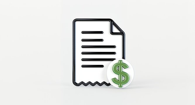 Financial Document Icon 3D Render Bill Invoice Payment Receipt Money Dollar Sign Accoun