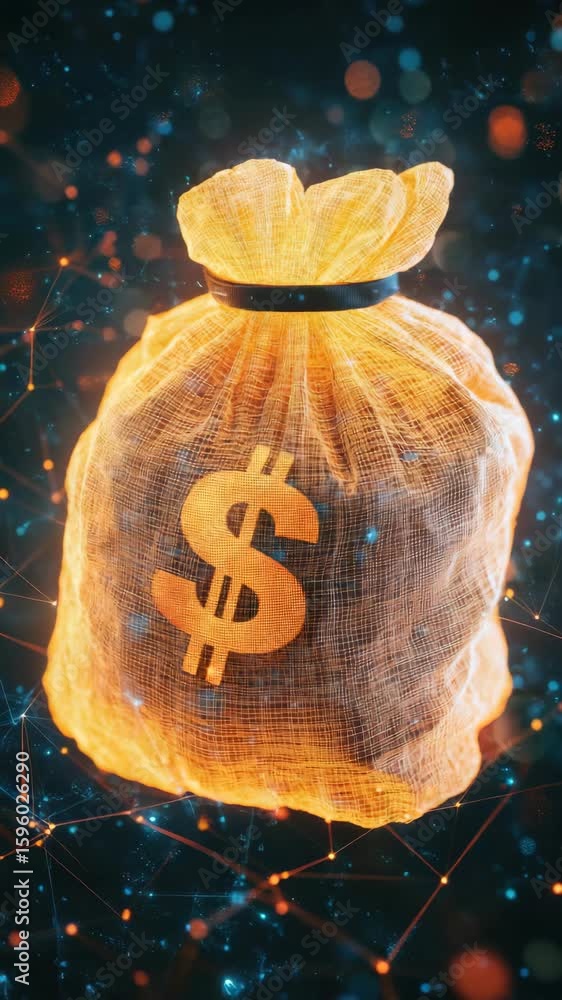 Poster a bag of money with a bitcoin symbol on it, sitting atop glowing digital nodes, representing the val