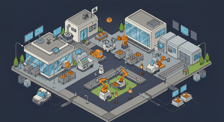 Isometric Factory Illustration: Robotic Arms Production Line Industrial Automation Modern Design.