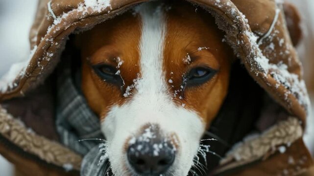 Adorable brown and white dog in winter attire. Fur is fluffed up against the cold. Nose is frost-covered.