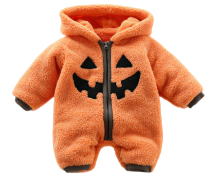 Orange baby onesie costume fleece fabric pumpkin face design hooded cozy isolated on white Halloween outfit playful and cute style