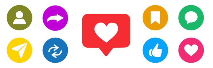 Like, love, heart, thumb up, repost, comment, share, save, stories user button sign in circle and speech bubble shapes, emoji post reactions, set social media notification functional icons.