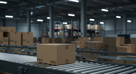 Efficient warehouse logistics: A single brown cardboard box moves smoothly along a modern conveyor belt system, showcasing streamlined distribution and optimized supply chain processes.