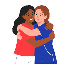 Two Diverse Women Hugging Warmly, Smiling, Flat Vector Illustration of Friendship and Support