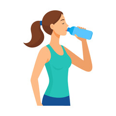 Woman Drinking Water from Blue Bottle, Ponytail, Active Lifestyle