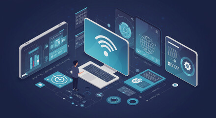 Naklejka premium Isometric Tech Illustration: Wireless Connectivity Data Analysis and Digital Interface.