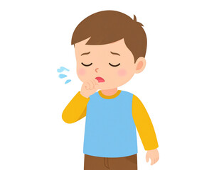 Adorable Little Boy with Cough on White Background in Cartoon Style