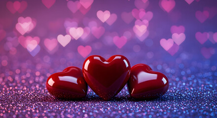 Celebrate love with this romantic image of three shiny red hearts on a sparkling purple background, perfect for Valentine's Day cards and romantic themed designs.