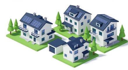 Isometric illustrations of four modern houses with solar panels.