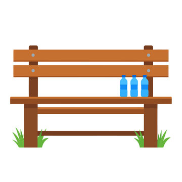 Brown wooden park bench with three blue water bottles, a flat vector illustration with green grass tufts.