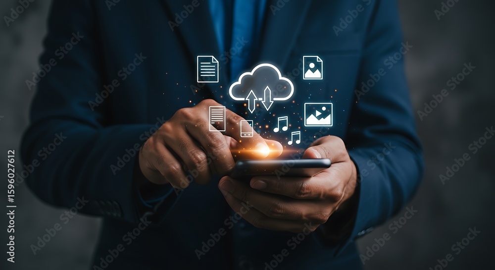 Poster person using phone with cloud data icons technology