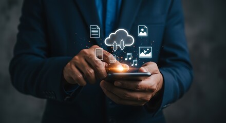 Person using phone with cloud data icons technology