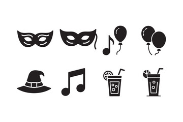 Black Party Icons: Masks, Balloons, Music Notes, Witch Hat, Drinks