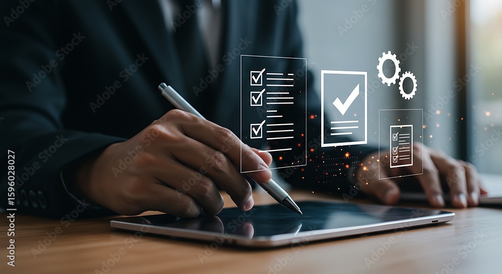 Poster person using digital checklist and gears business technology