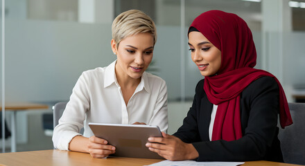 Two successful businesswomen collaborate on a project using a tablet, showcasing teamwork and modern technology in a contemporary office setting.