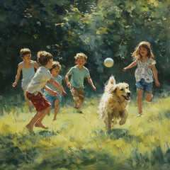 children playing with dog in the park on a summer day
