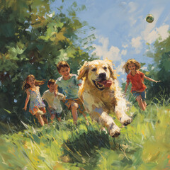 kids playing in the park with their golden retriver dog