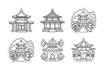 japanese temple line art set  kids for colouring page