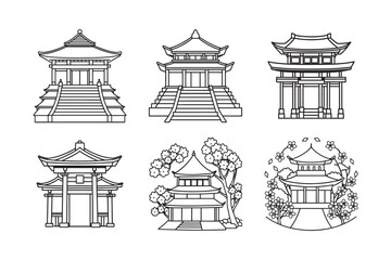 japanese temple line art set kids for colouring page