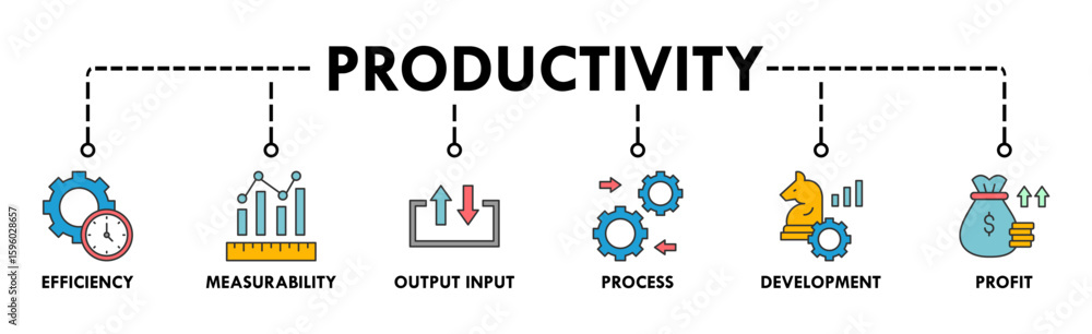 Poster productivity banner web icon vector illustration concept with icon of efficiency, measurability, out