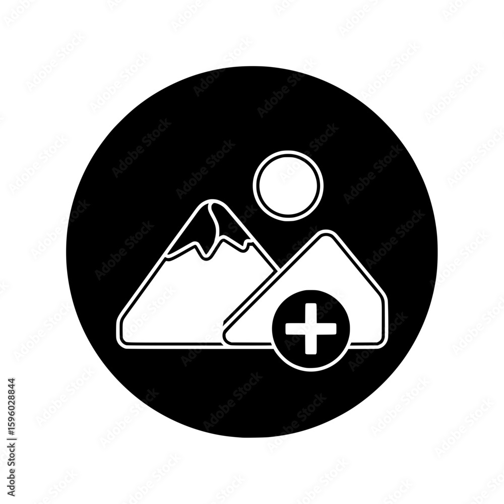 Poster a black and white vector icon showing a landscape with mountains and a plus symbol for adding a new 