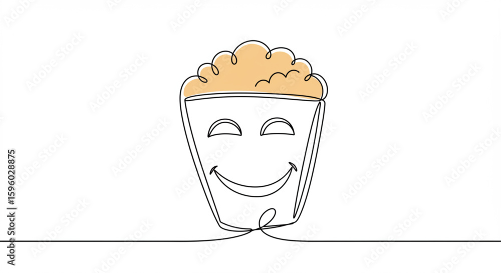 Poster happy popcorn bucket with smiling face in single line outline vector