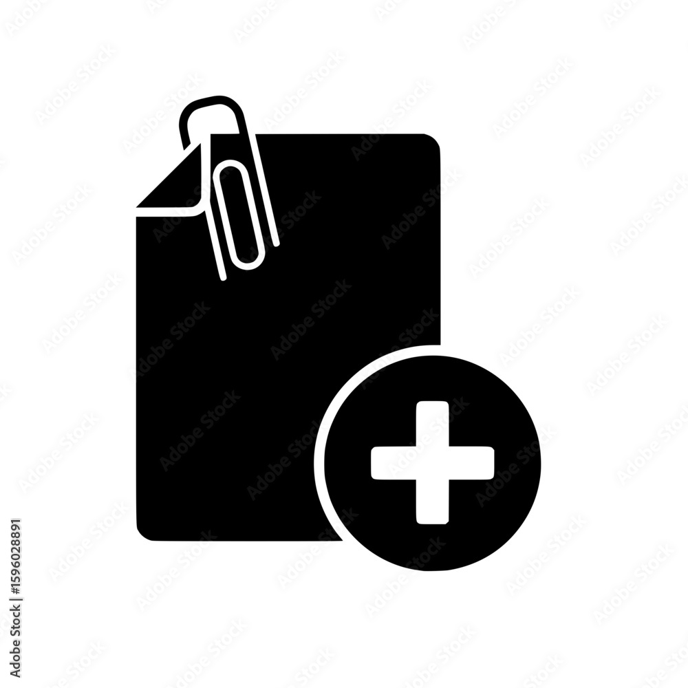 Poster a black vector icon of a document with a paperclip and a plus sign, representing adding a new file o