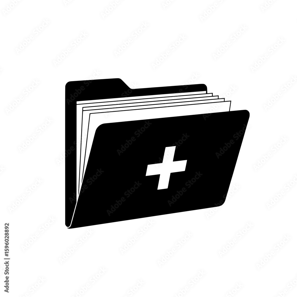 Poster a black vector icon of a file folder with a plus sign, symbolizing adding new documents, medical rec