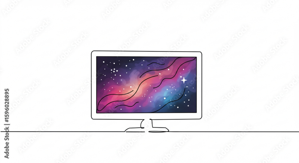 Poster computer monitor displaying galaxy design in single line outline vector