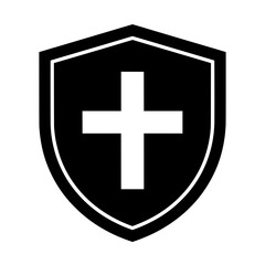 Obraz premium A black and white vector icon of a shield with a medical cross, symbolizing health protection, safety, and insurance.