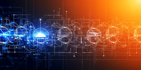 Fototapeta premium Abstract technology background with blue and orange gradient and circuit patterns on transparent background