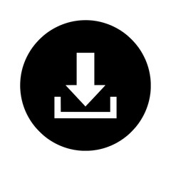 Fototapeta premium A black and white vector icon showing a download symbol, with a downward arrow pointing into a tray inside a circle.