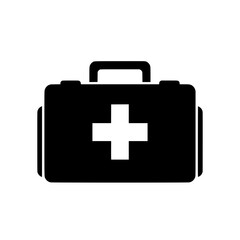 Obraz premium A black vector icon of a first aid kit. The medical bag with a white cross symbol represents healthcare and emergency.