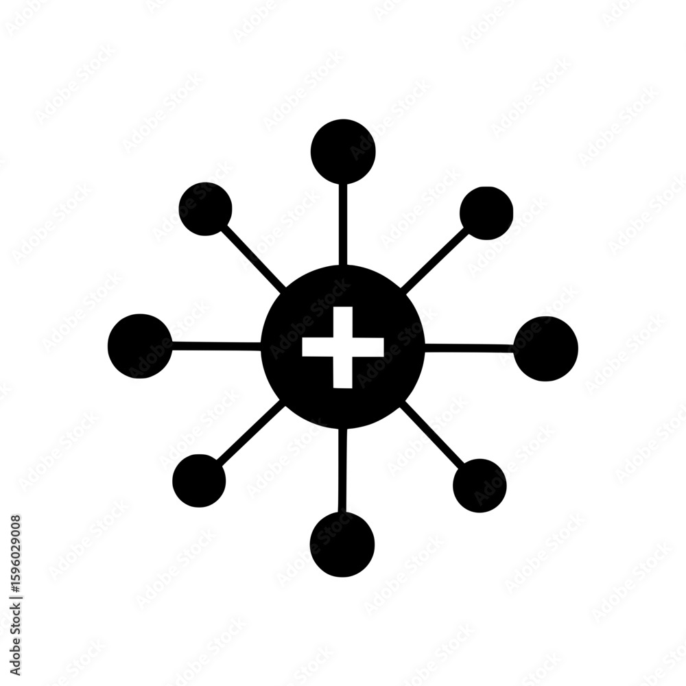 Poster a black vector icon showing a central hub with a plus sign, representing adding new connections to a