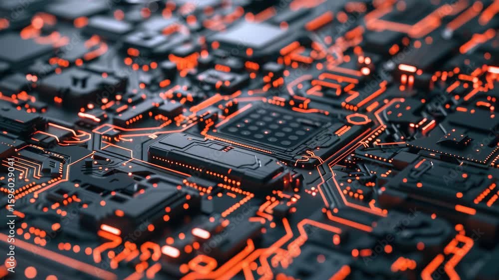 Poster close-up of red and black integrated circuits on a printed circuit board, showcasing the intricate d