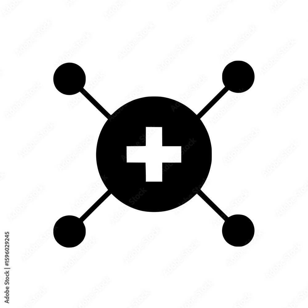 Poster a vector icon showing a central hub with a plus sign, representing network expansion, new connection