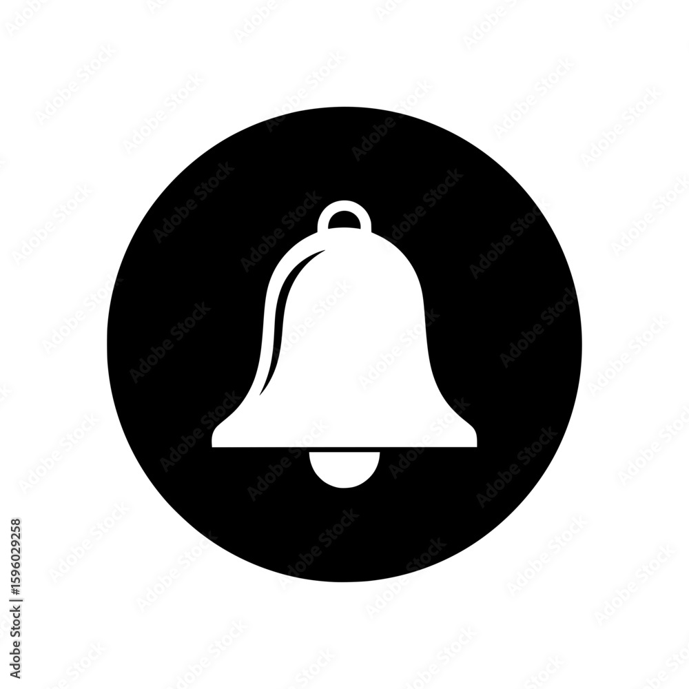 Poster a white notification bell icon inside a black circle. this vector graphic is used for alerts and rem