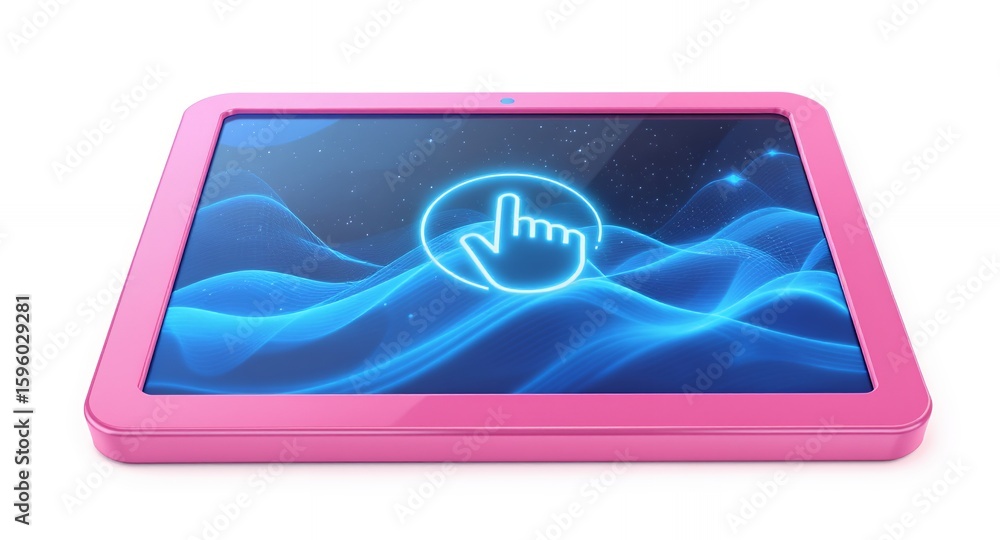 Poster tablet with cursor icon and abstract background