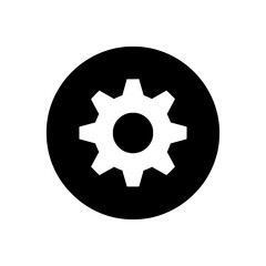gear icon in a solid black circle, a universal symbol for application settings, system preferences, and options menu.