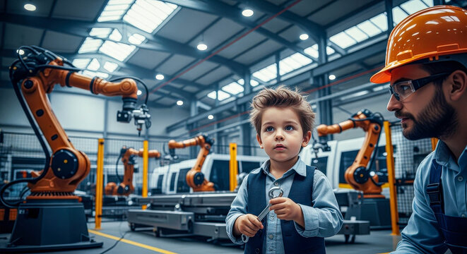 Engineer with a little boy in a factory with robotic arms. Robotics and automation production. Future generation learning technology concept.