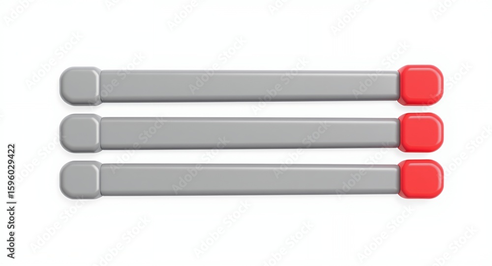 Poster three gray and red 3d progress bars or indicators isolated on white background