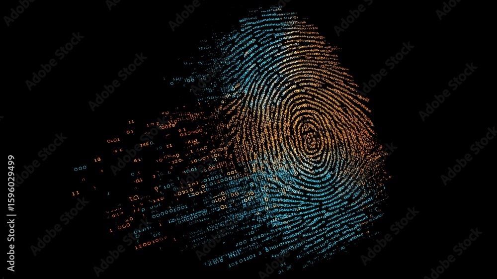 Poster biometric data visualization showing a fingerprint and digital elements in a dark setting