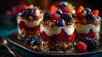 Layered Berry and Yogurt Parfait Cups with Granola on Wooden Tray perfect for healthy eating blogs, breakfast menu designs, nutrition advertising and lifestyle food photography