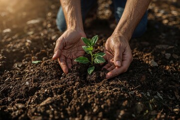 Hands in dirt planting green sapling showing eco-conscious farming, sustainability, and environmentalism

