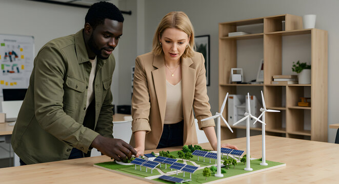 Two diverse colleagues collaborate on a sustainable energy project, reviewing a detailed model of solar panels and wind turbines for a clean energy future.