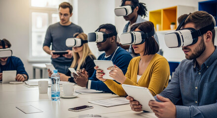 Diverse group of people using virtual reality headsets at a conference table. Virtual meeting technology. Business training immersive experience.