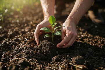 Eco concept of planting a sapling in soil representing environmental care, growth, and sustainability

