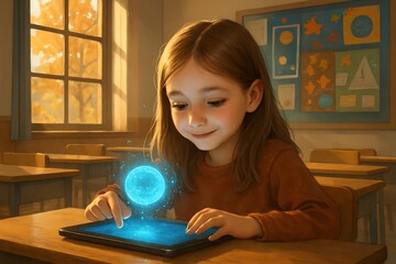 Young girl in a classroom interacting with a tablet, creating a magical floating blue sphere with her finger, showcasing digital learning and creativity