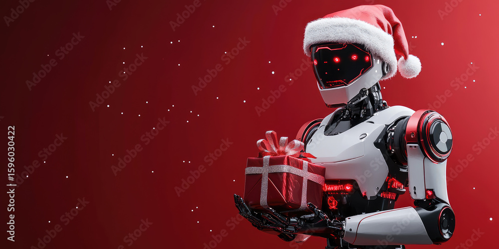 Poster a futuristic android santa claus holds a gift box. the robot features a red and white design with a 